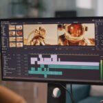 Back view of male content creator using computer to edit cosmonaut video during remote work from home