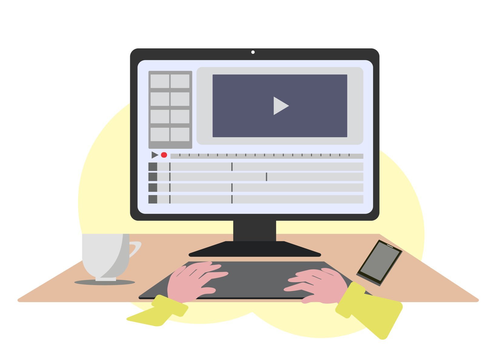 デスク パソコン 動画編集をする人物 映像制作 ベクターイラスト