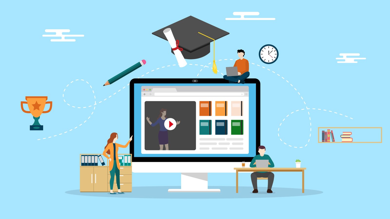online education concept team study together with ebook and video - vector